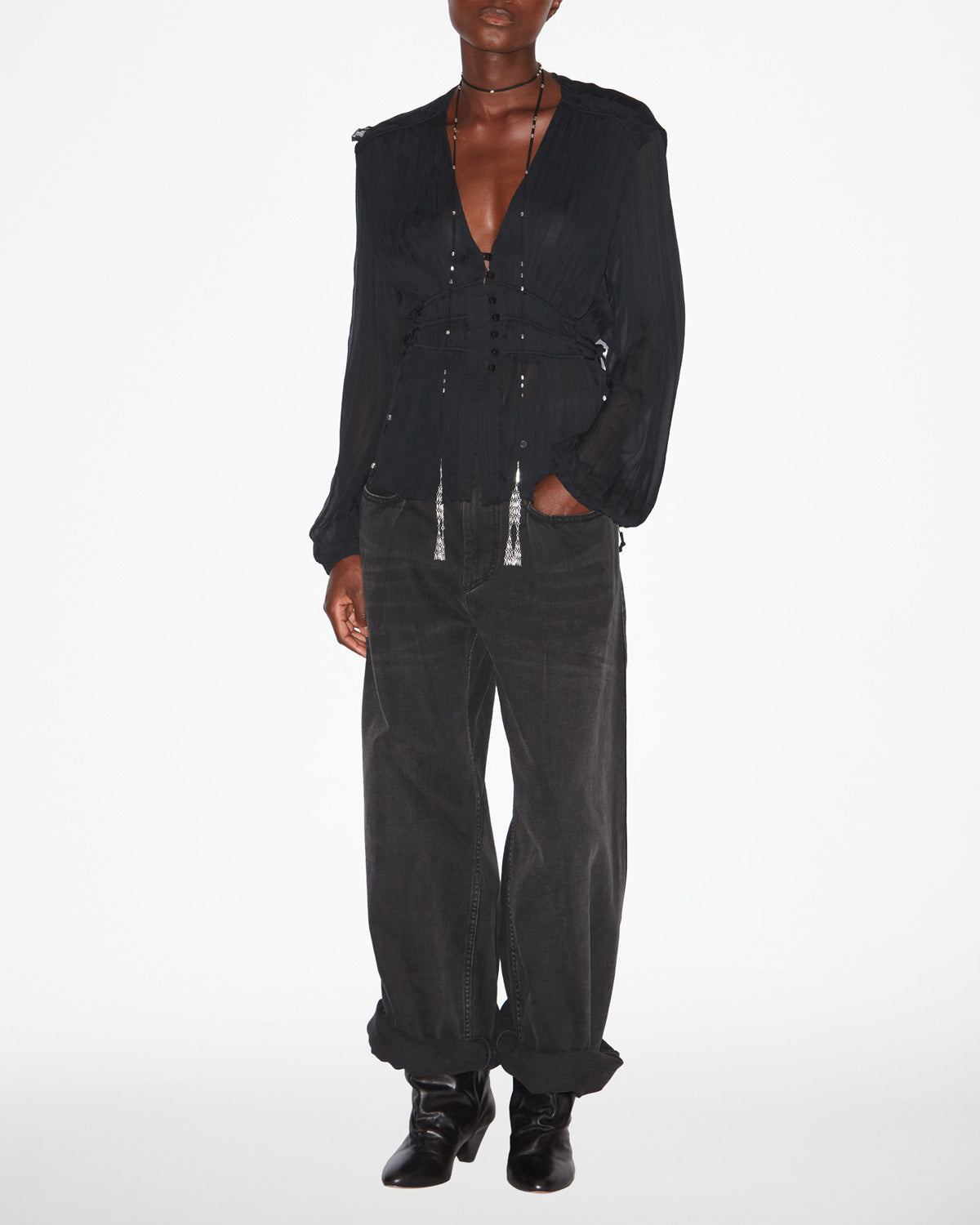 Axeline gathered muslin top - Black - Woman - 1