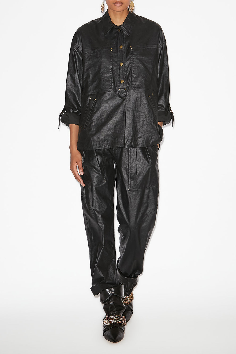 Camisa de lino revestida florida - Negro - Woman - 2