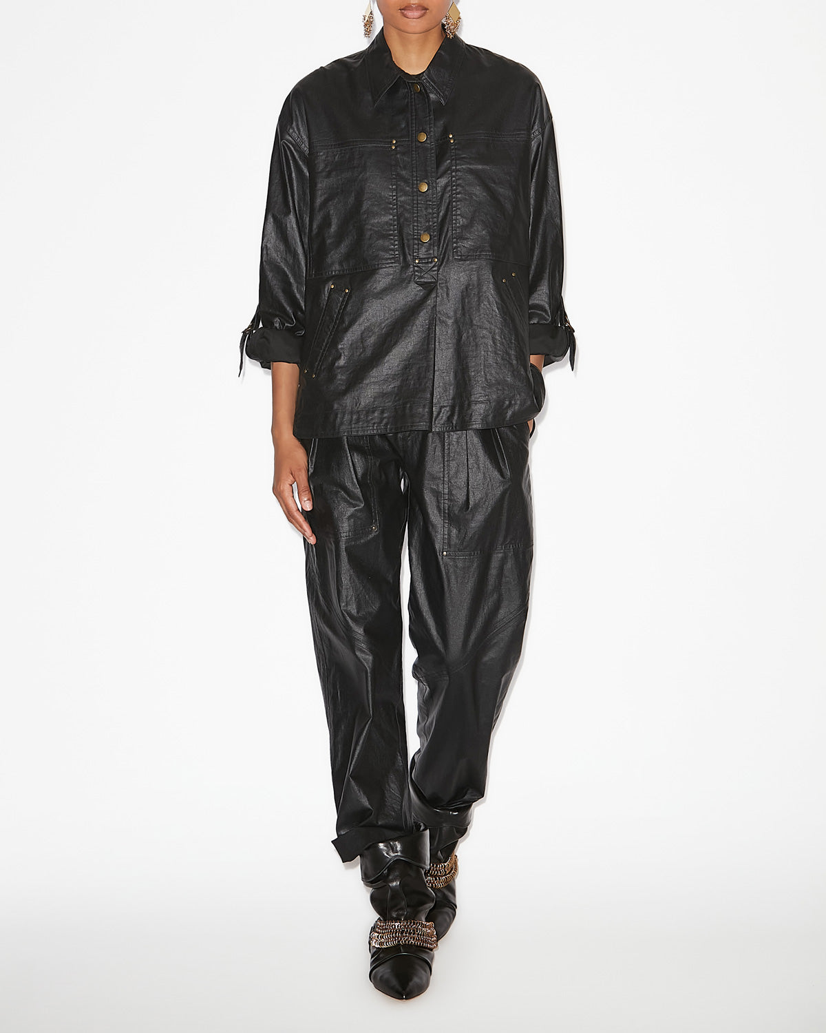 Camisa de lino revestida florida - Negro - Woman - 1