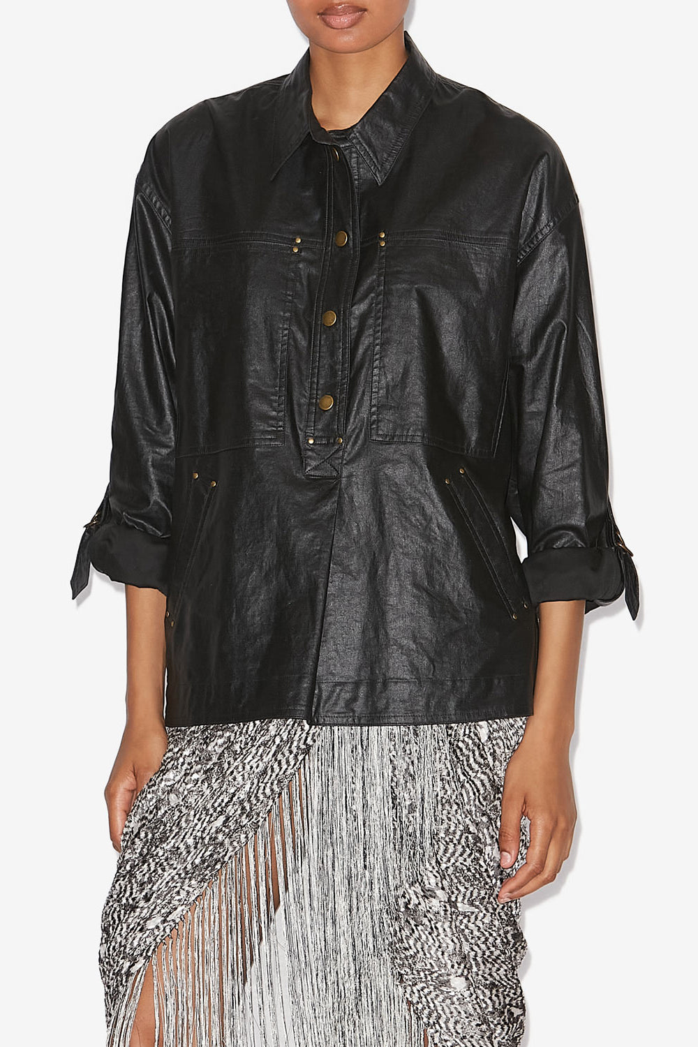 Camisa de lino revestida florida - Negro - Woman - 4