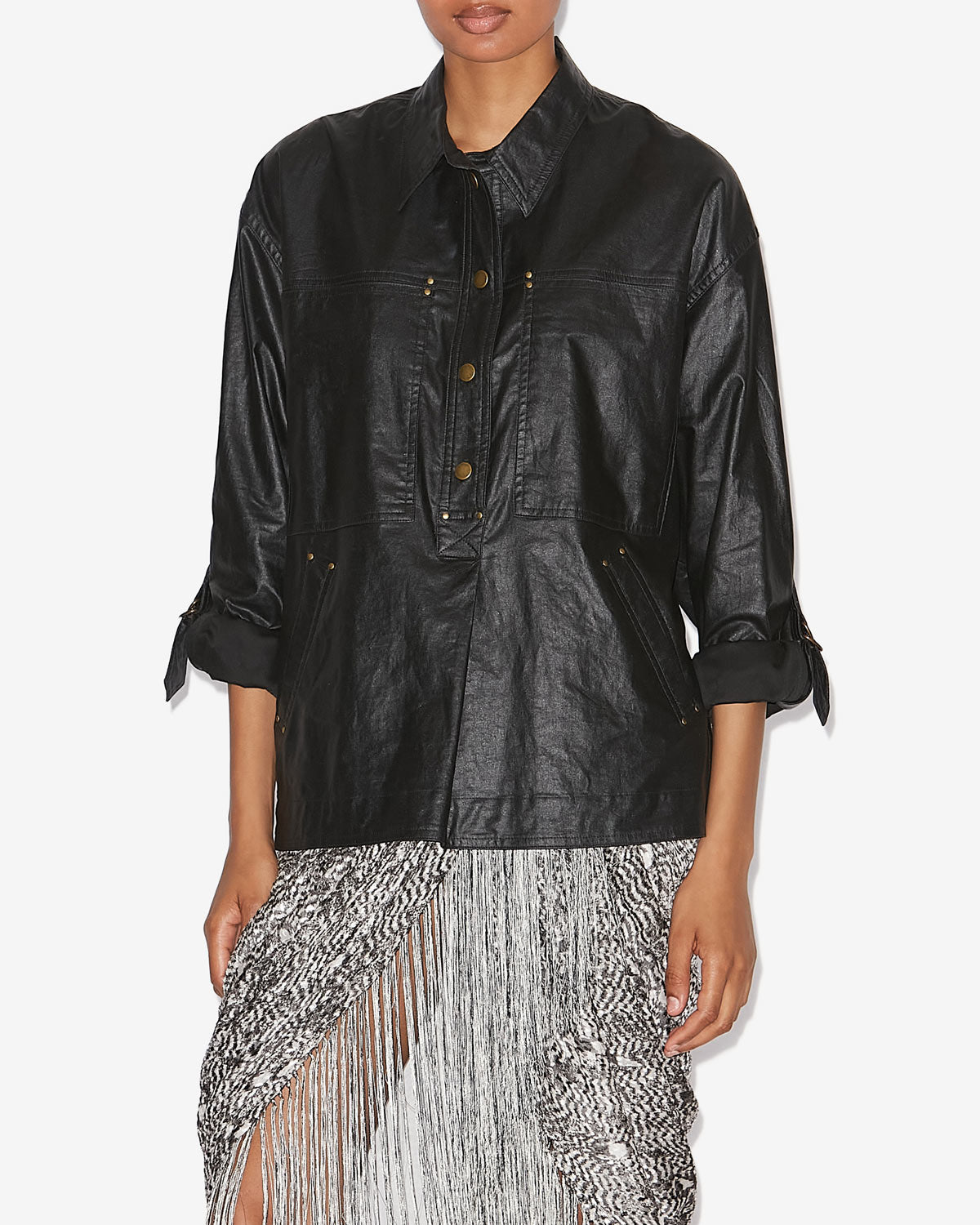 Camisa de lino revestida florida - Negro - Woman - 3