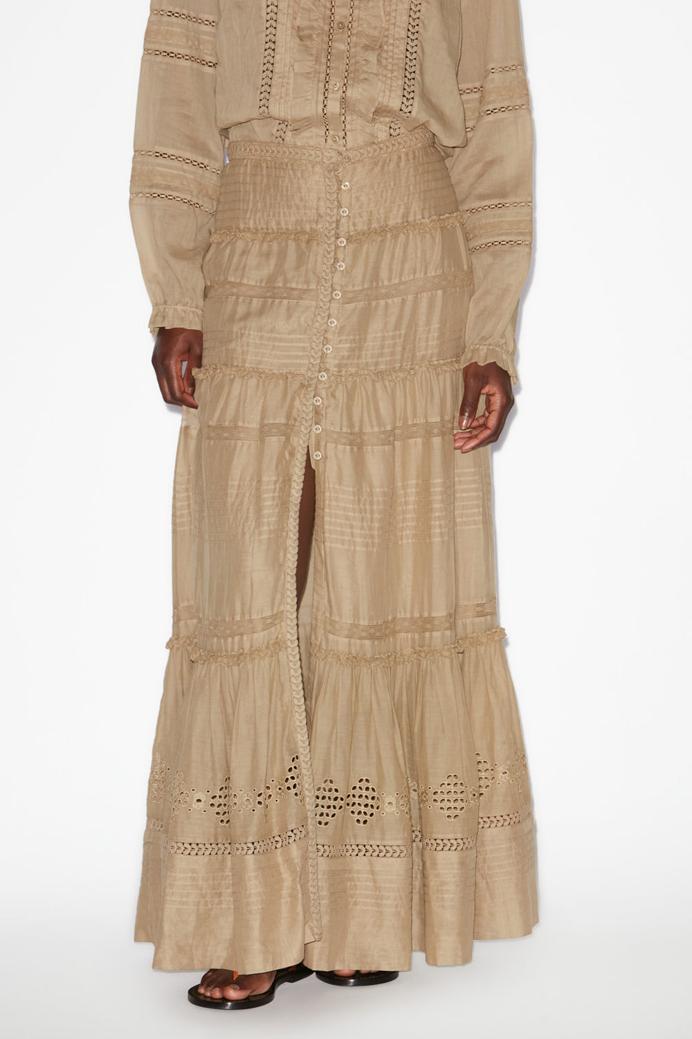 Jupe longue dusta en voile de coton ouvragé - Clair kaki - Woman - 4