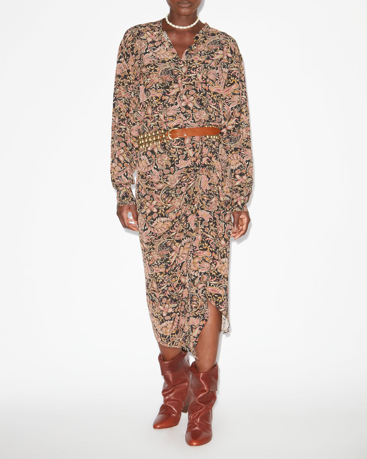 Jupe drapée zaine imprimée  - Noir-ocre - Woman - 1