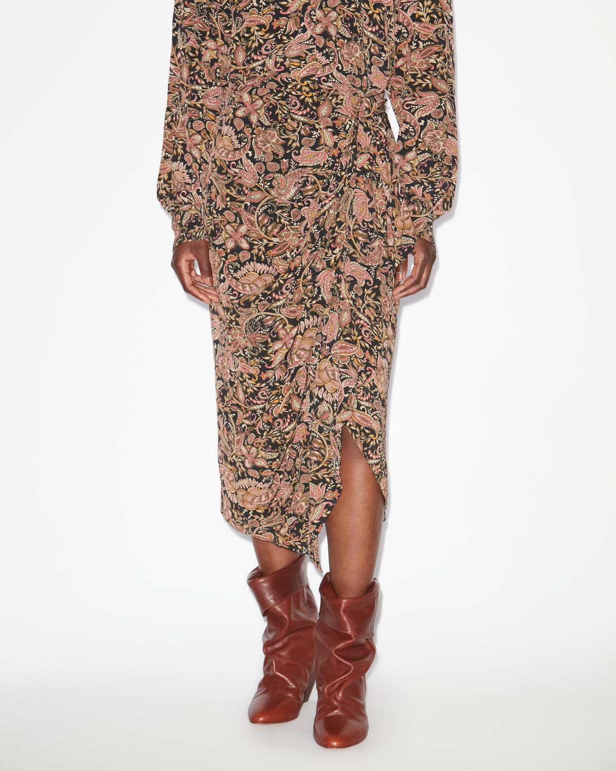 Jupe drapée zaine imprimée  - Noir-ocre - Woman - 3