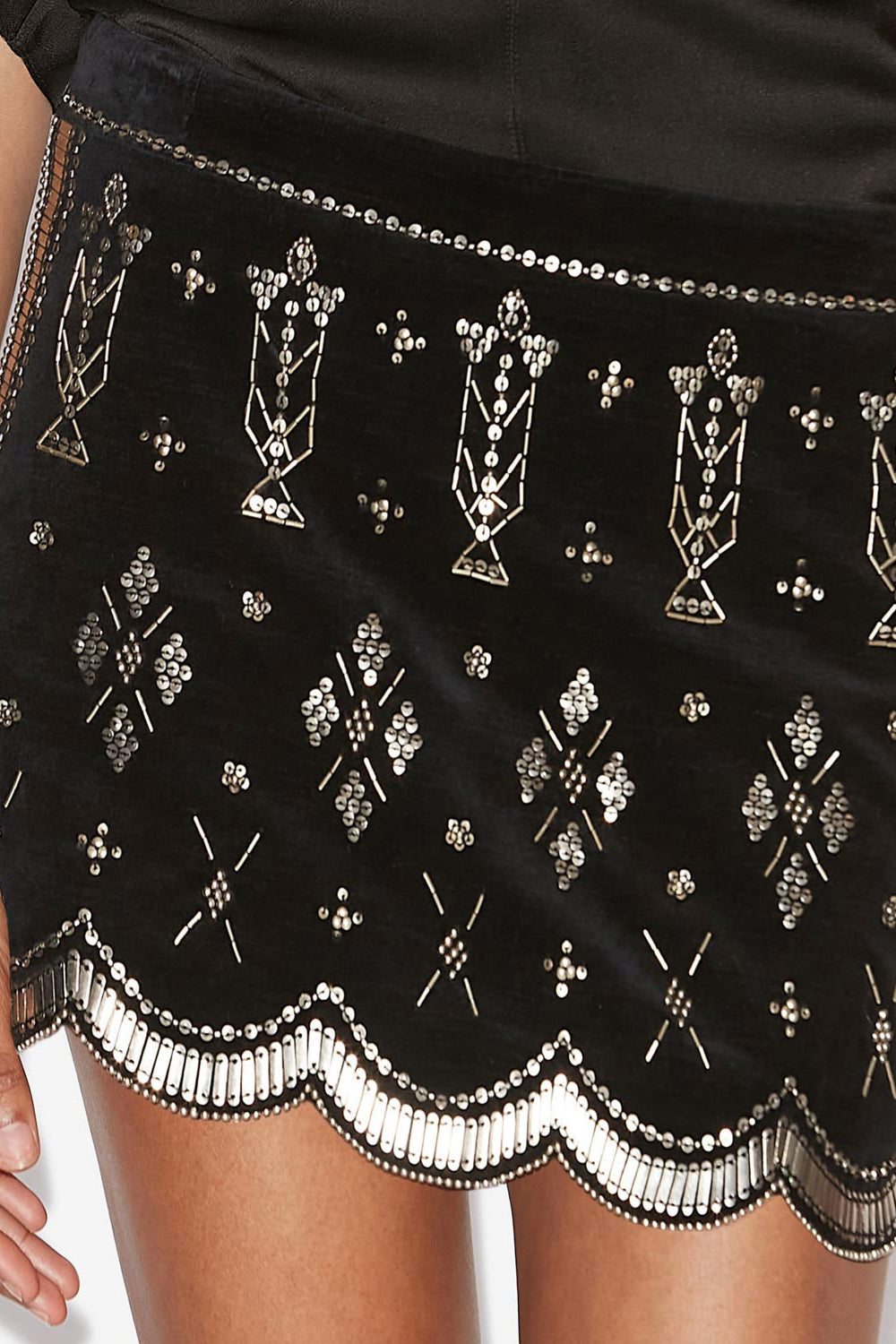 Minifalda de terciopelo con bordado handore - Black and silver - Woman - 3