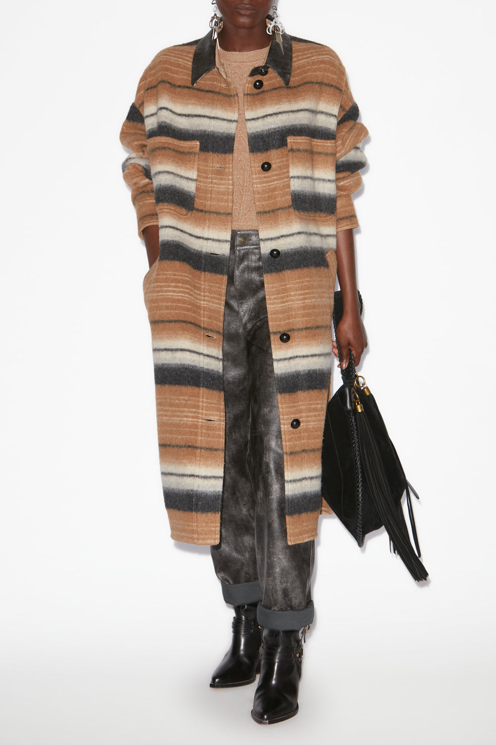 Djila long striped wool overshirt coat - Camel - Woman - 2