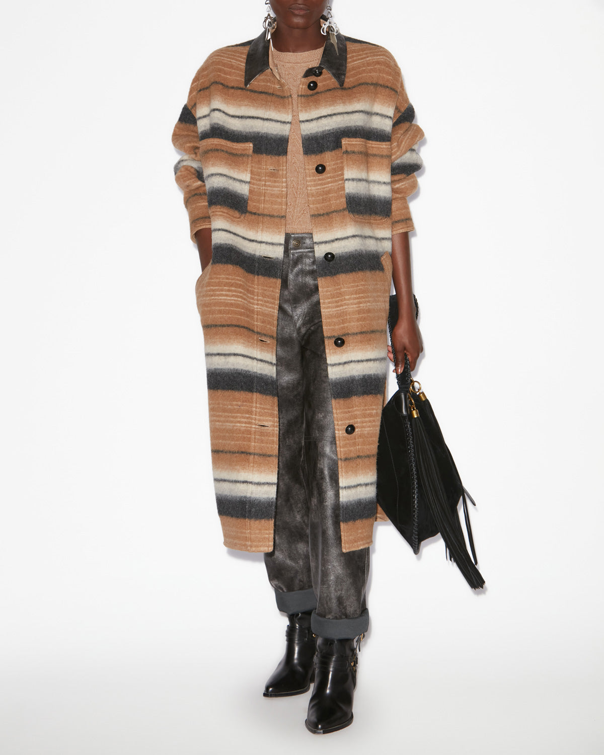 Djila long striped wool overshirt coat - Camel - Woman - 1