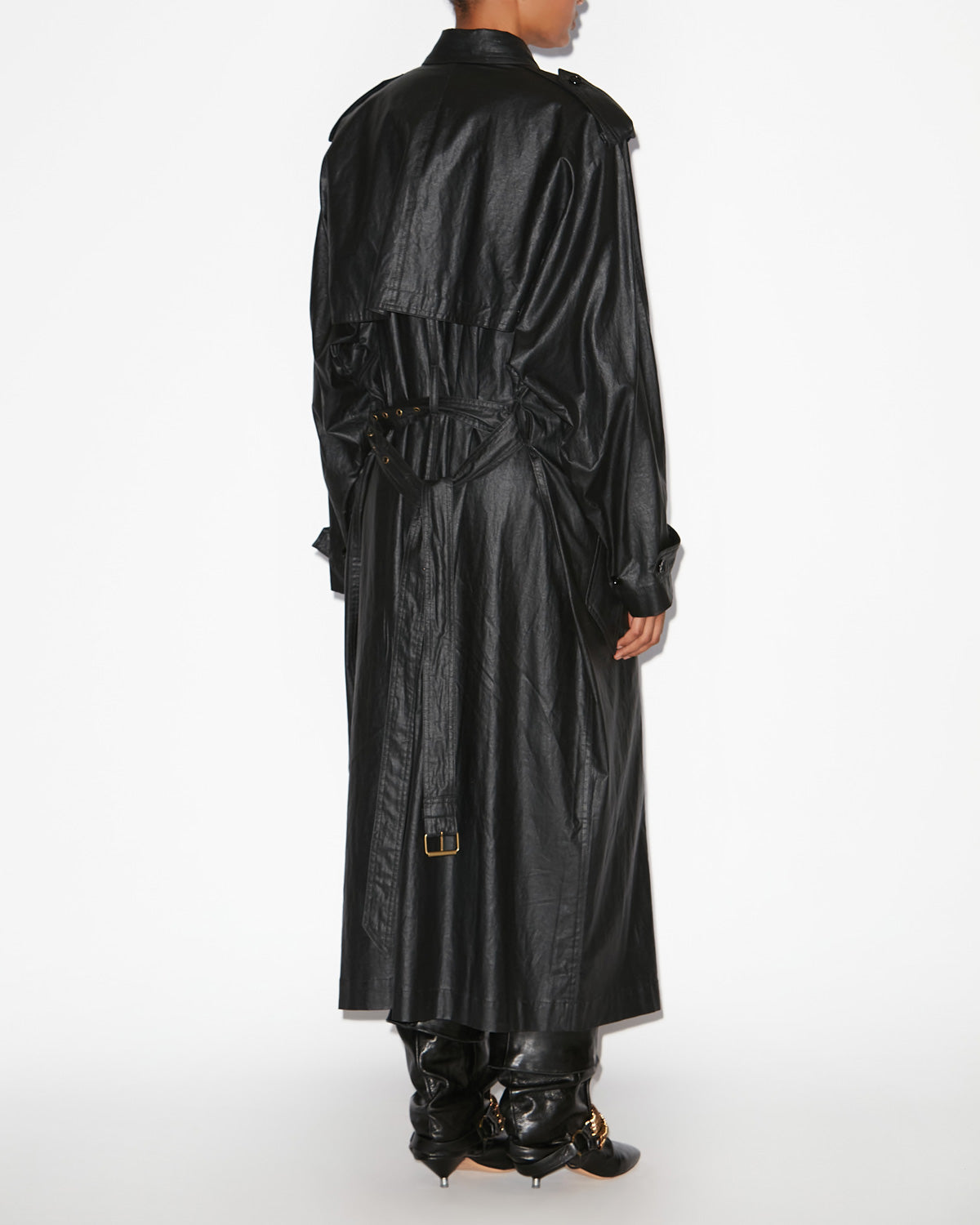 Franny long printed coated linen trench coat - Black - Woman - 3