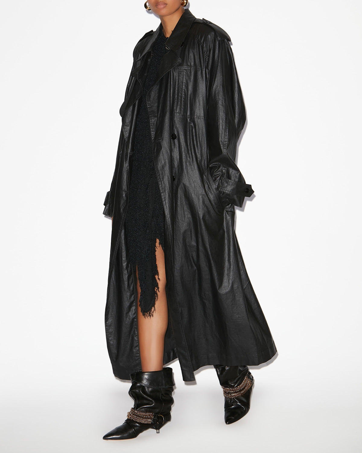 Franny long printed coated linen trench coat - Black - Woman - 1