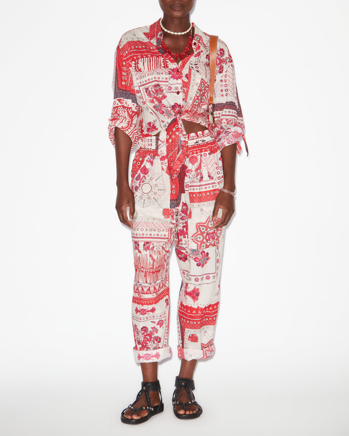 Pantalon fedora en voile de coton imprimé bandana - Rouge et écru - Woman - 1