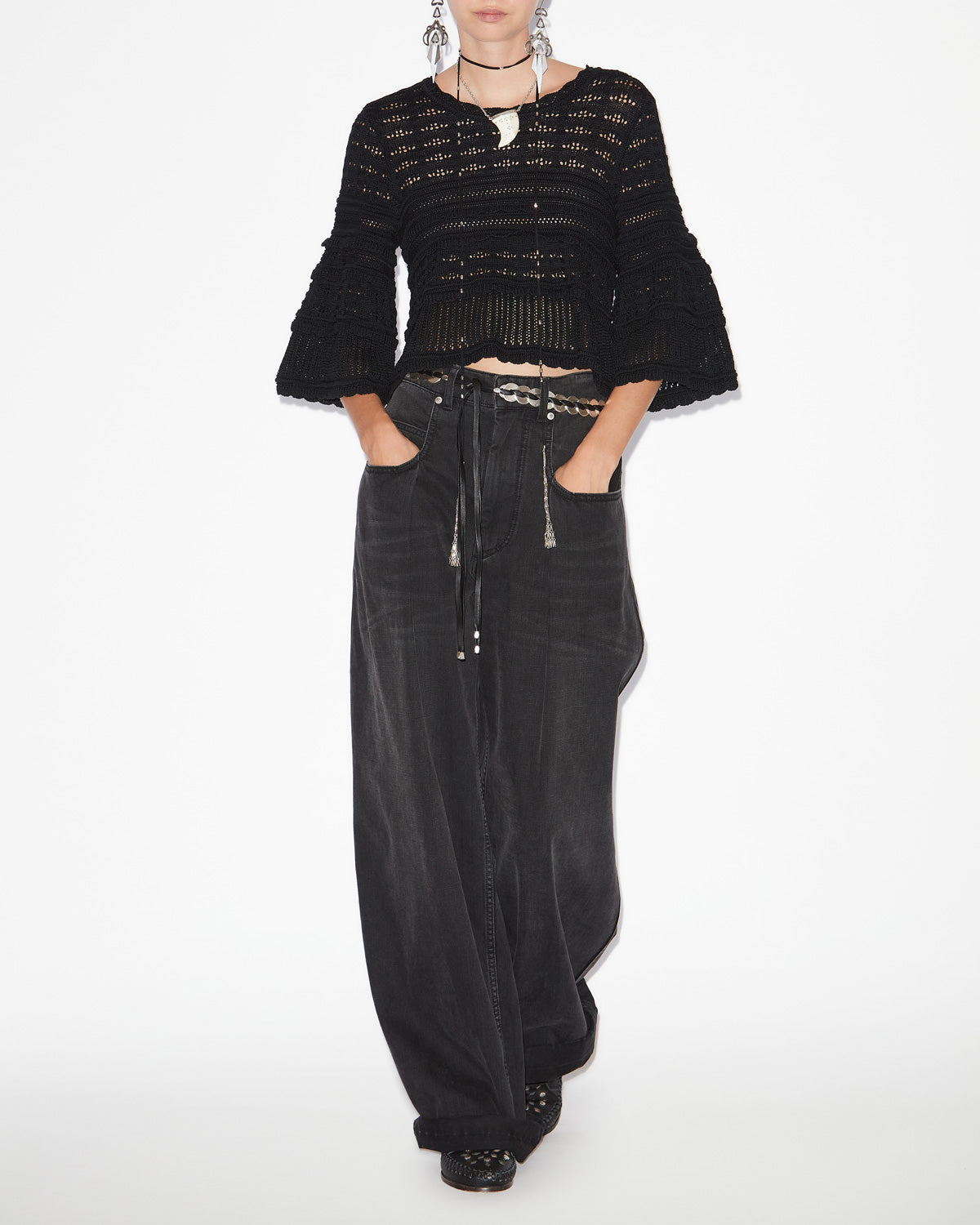 Azelia loose-fitting openwork knit sweater - Black - Woman - 1