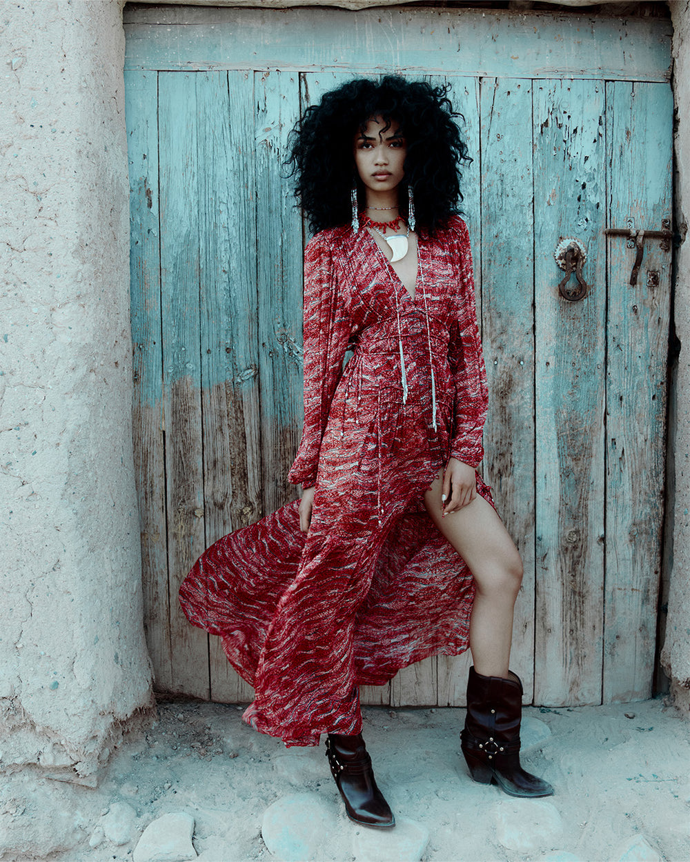 Amara long gathered muslin dress - Red - Woman - 1