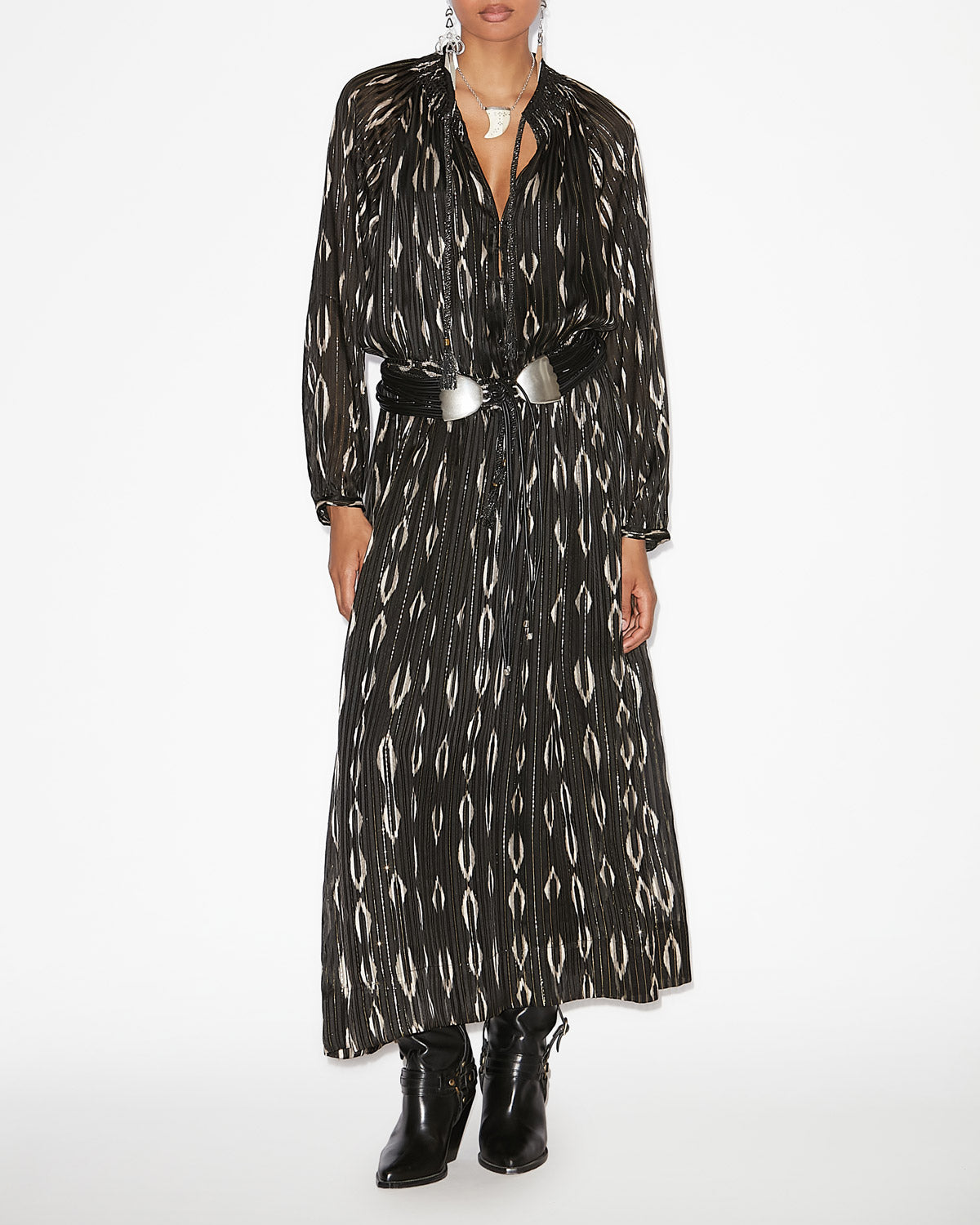 Robe longue sana en soie à motifs graphiques - Noir et écru - Woman - 1