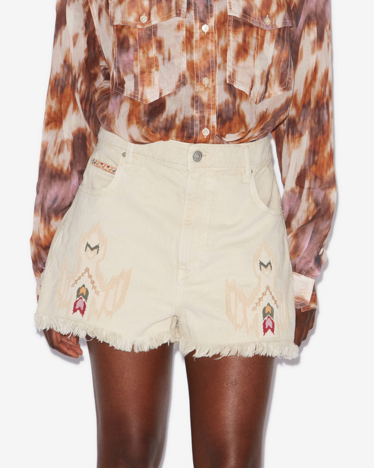 Lesia short embroidered denim shorts - Ecru - Woman - 3