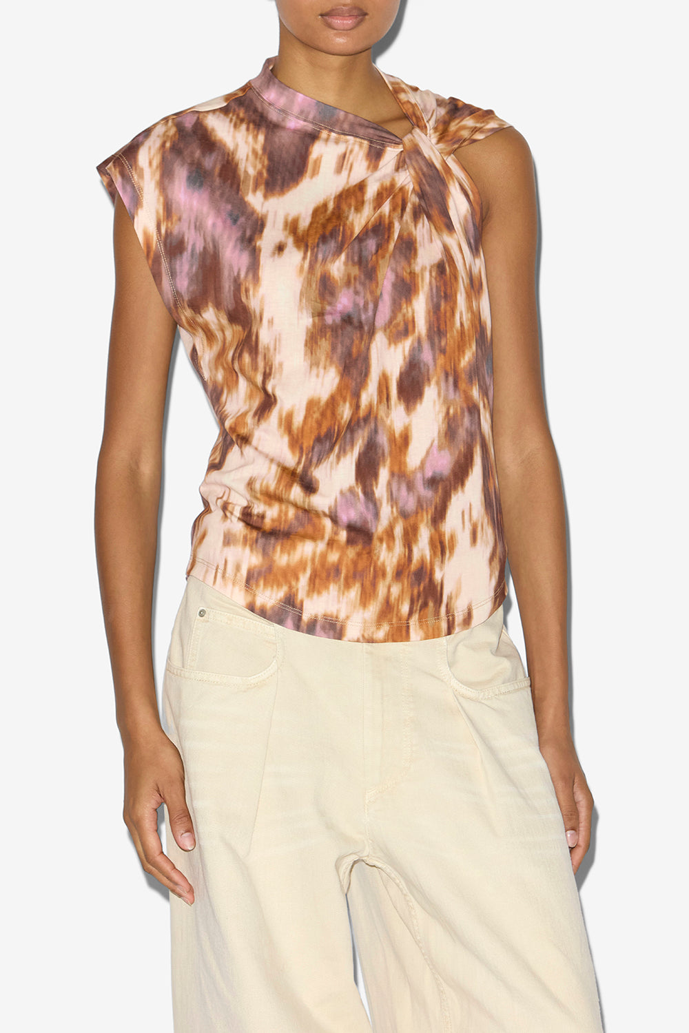 Camiseta asimétrica nayda de algodón estampada - Ecru-ochre - Woman - 4