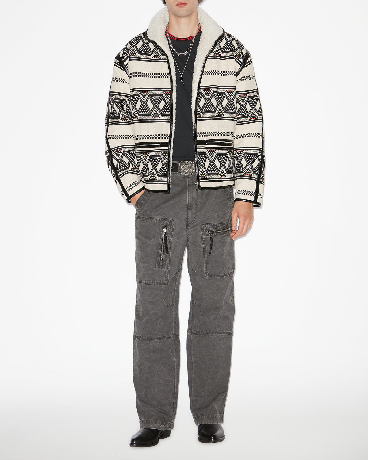 Nelkis graphic pattern jacquard jacket - Ecru and black - Man - 1