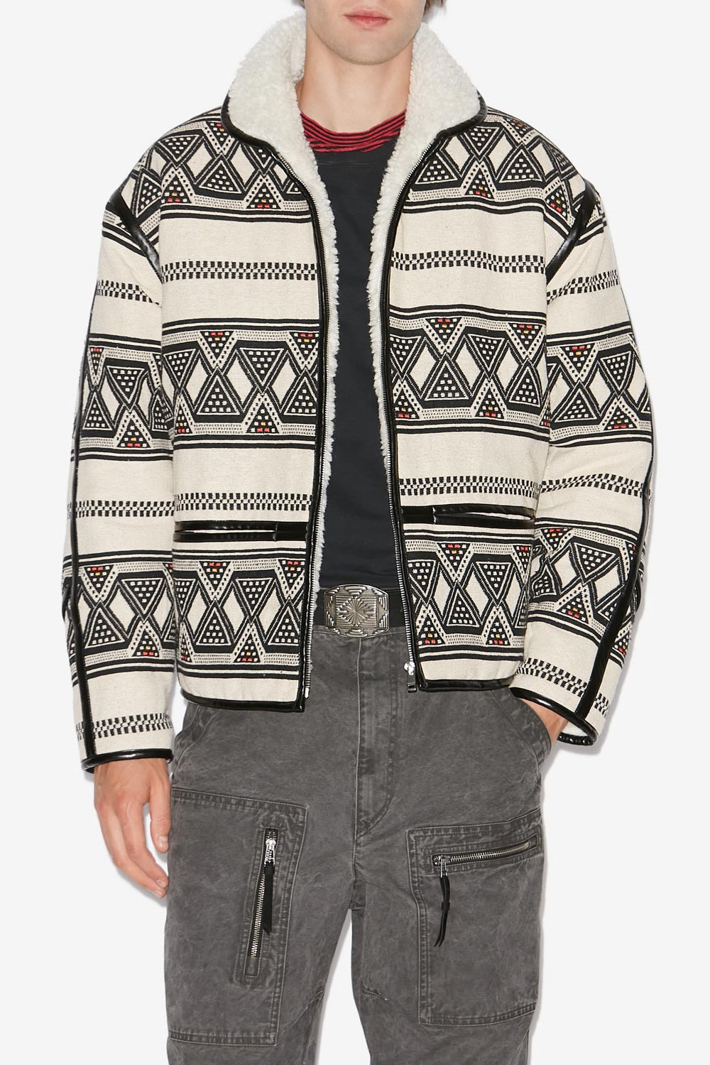 Nelkis graphic pattern jacquard jacket - Ecru and black - Man - 4