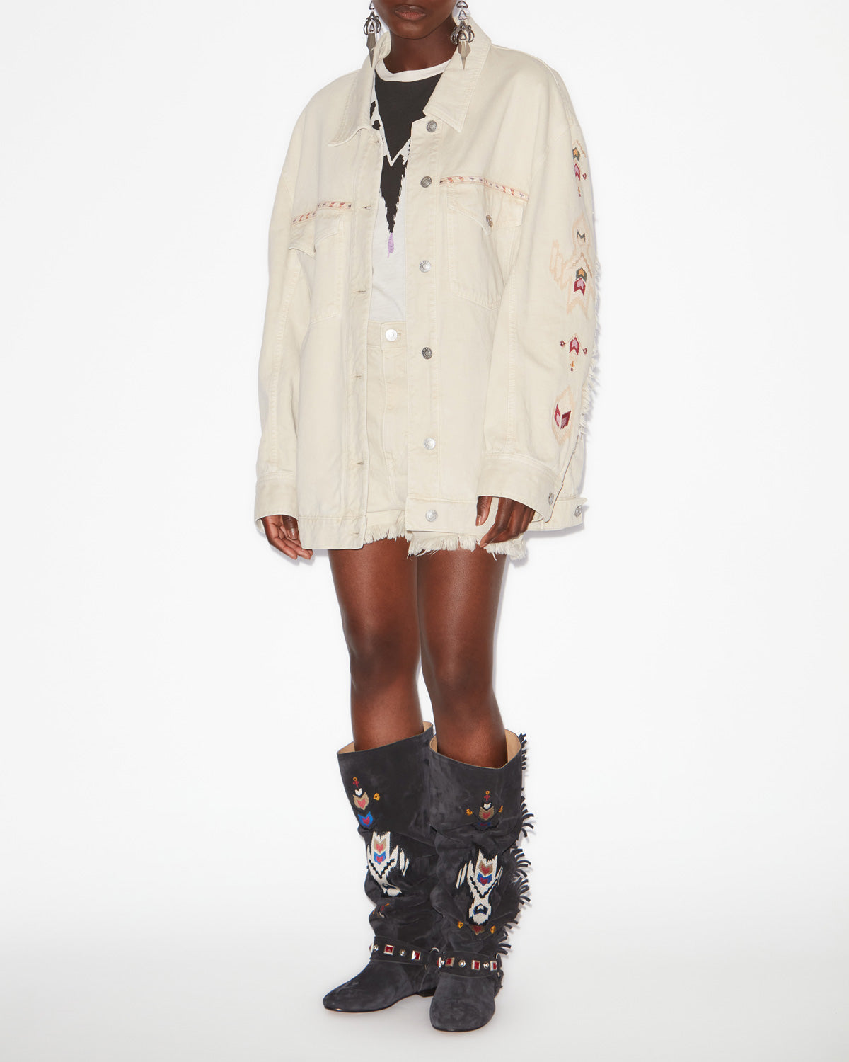 Manona embroidered denim jacket - Ecru - Woman - 1