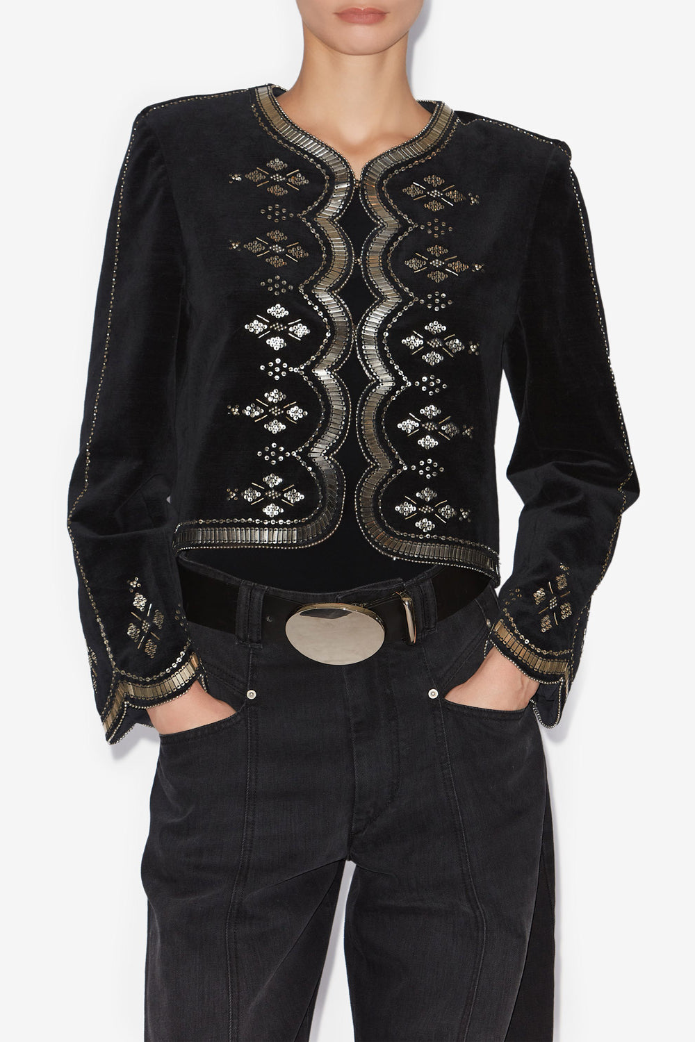 Chaqueta corta hady de terciopelo bordado - Black and silver - Woman - 4