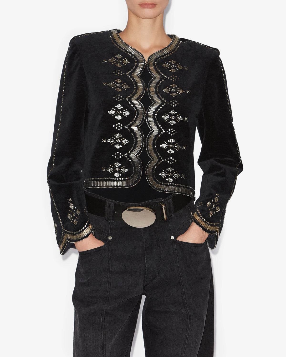 Hady short embroidered velvet jacket - Black and silver - Woman - 3