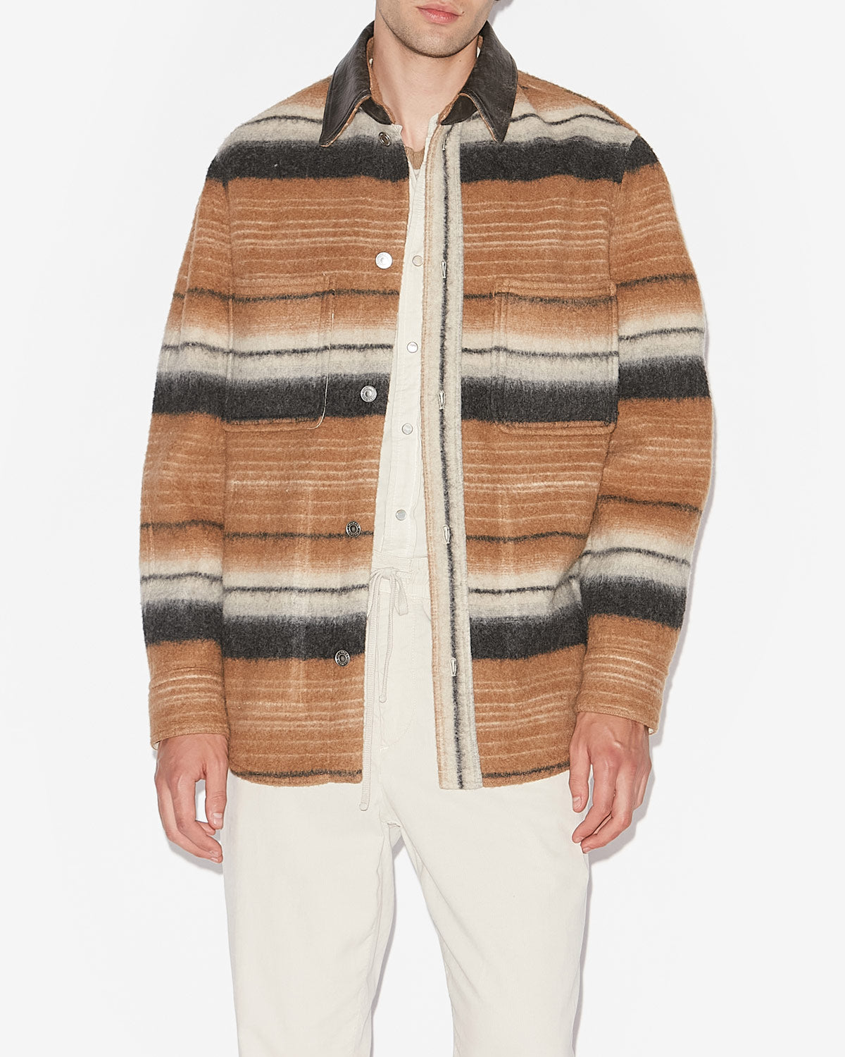 Duncan striped wool overshirt jacket - Camel - Man - 3