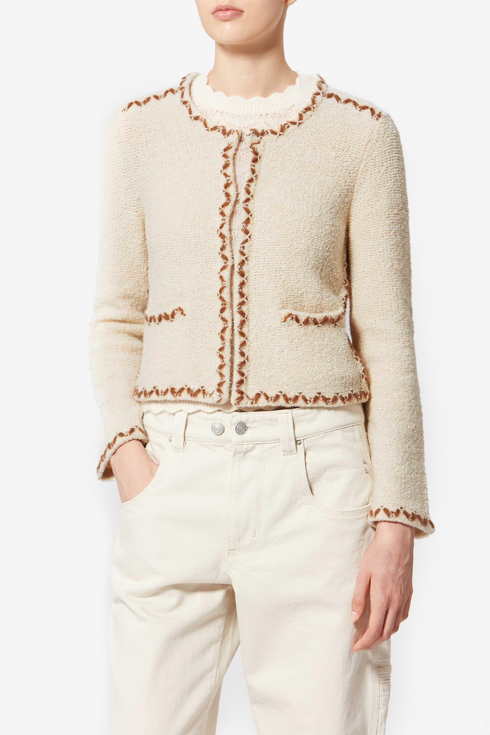 Cardigan rochelle in tweed di lana merino - Ecru-bronze - Woman - 4