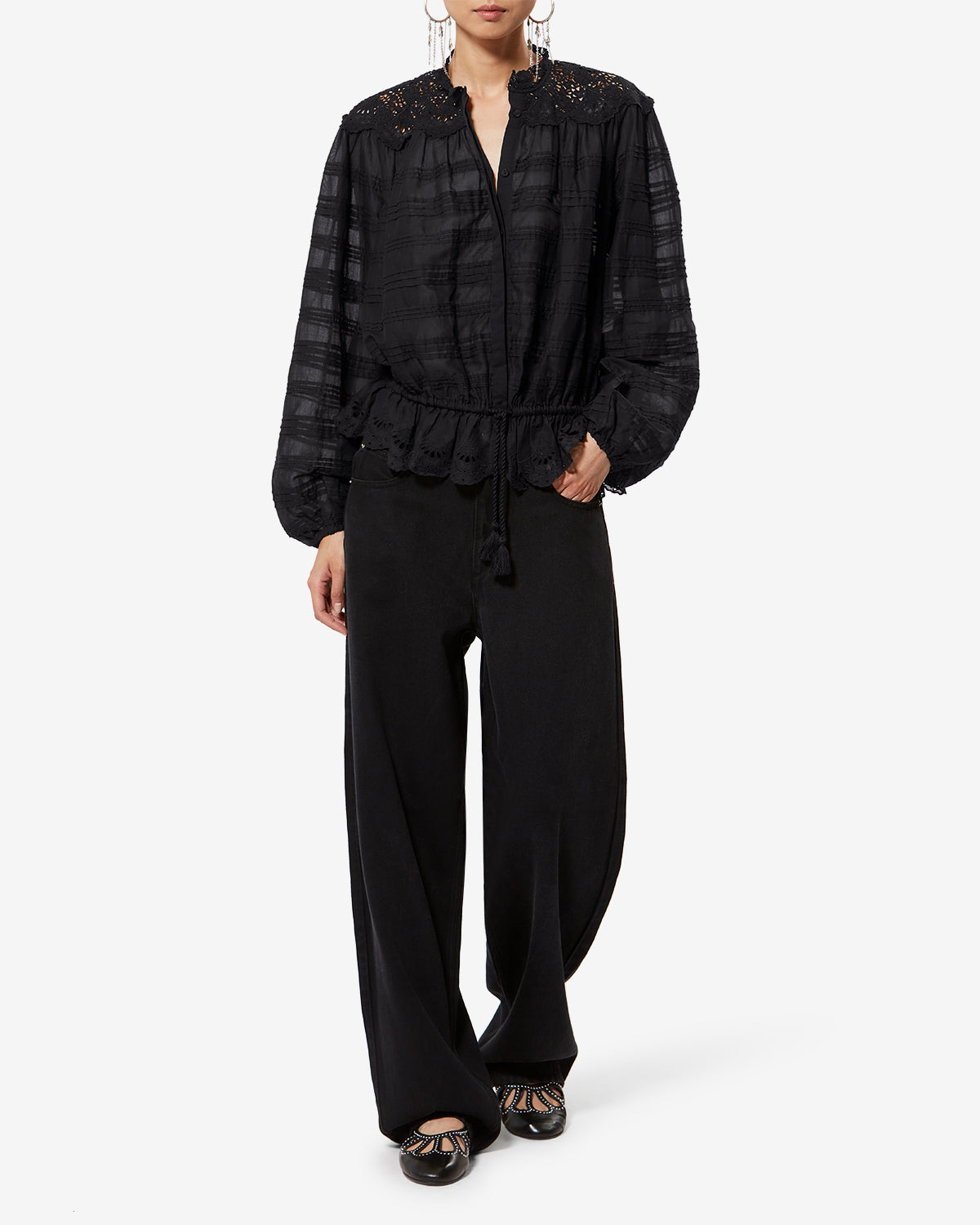 Polly cotton and floral lace blouse - Black - Woman - 1