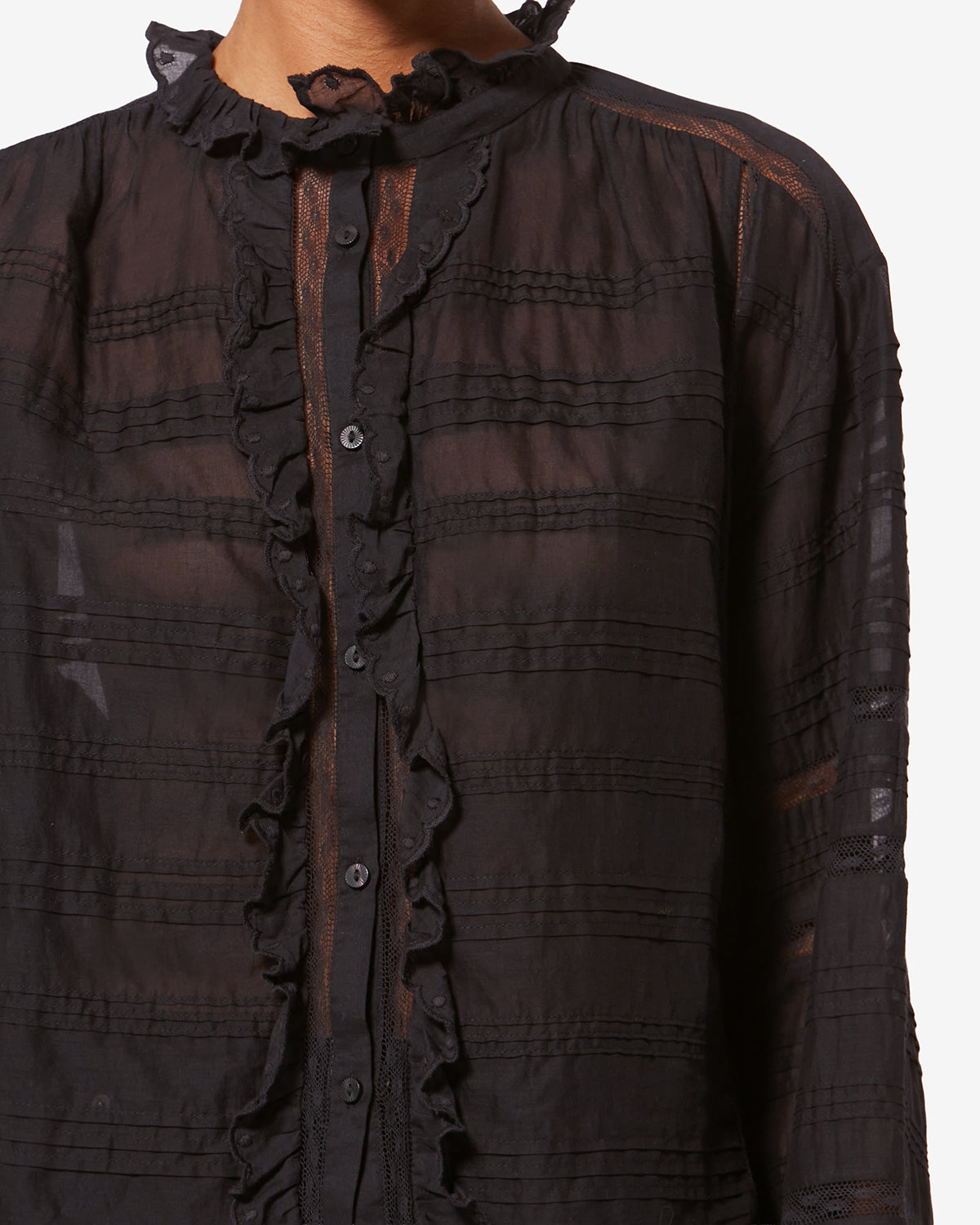 Blusa peline en algodón y encaje floral - Negro - Woman - 2