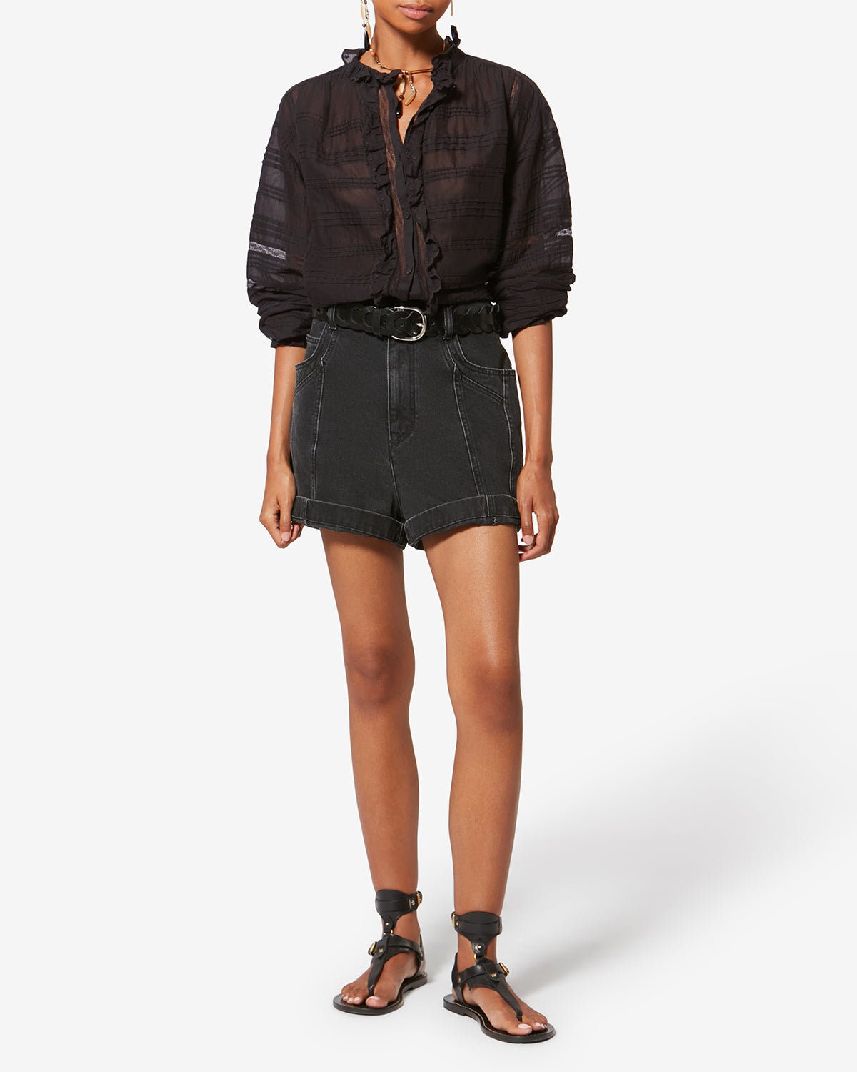 Blusa peline en algodón y encaje floral - Negro - Woman - 1