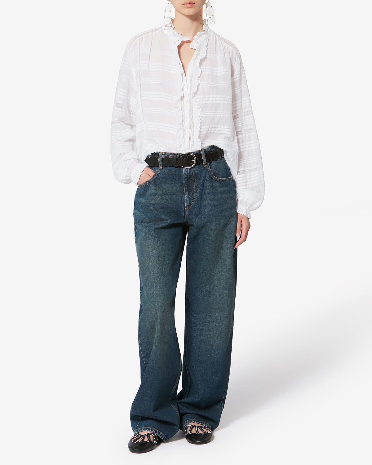 Blusa peline en algodón y encaje floral - Blanco - Woman - 1