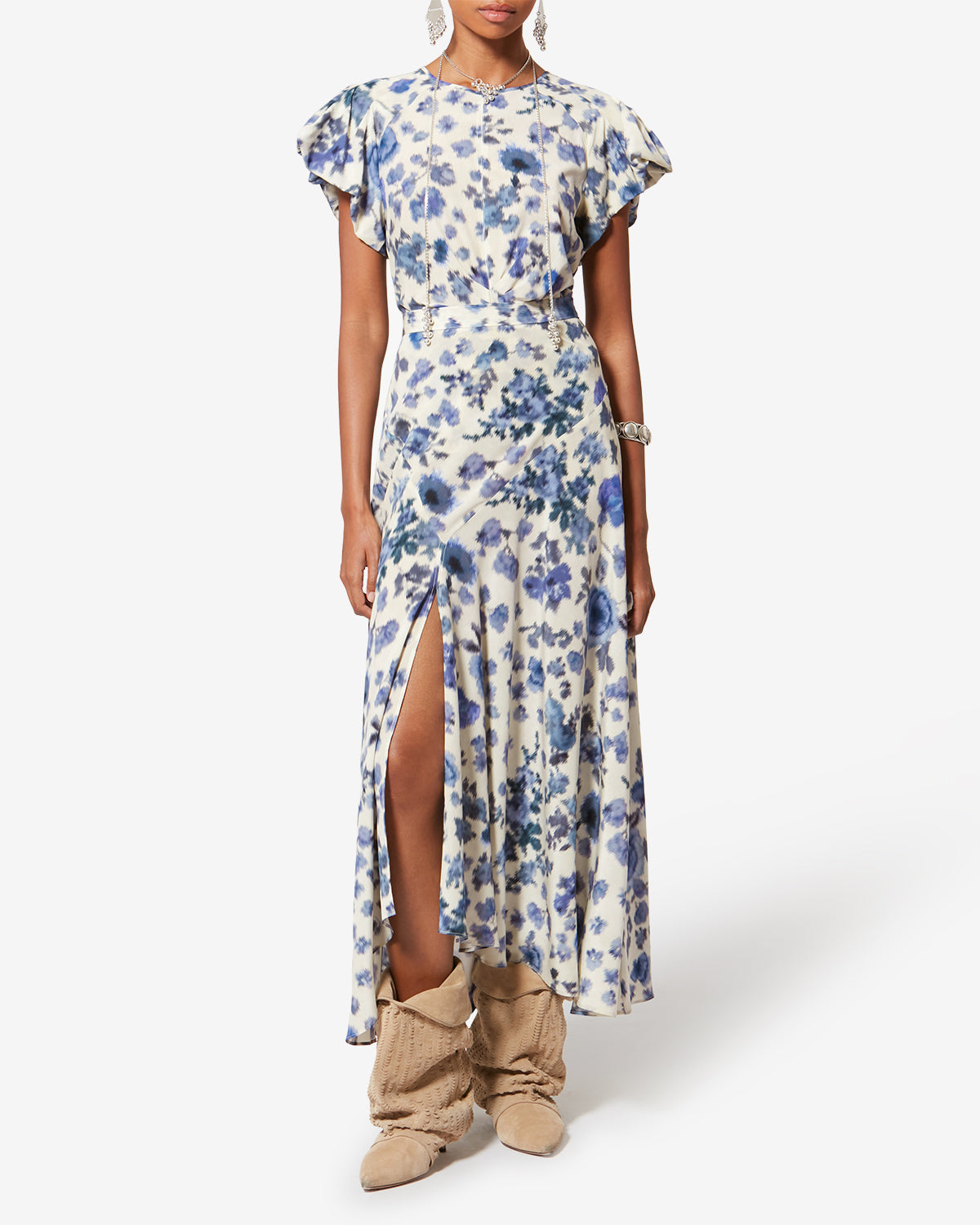 Sakura long printed stretch silk skirt - Blue - Woman - 1