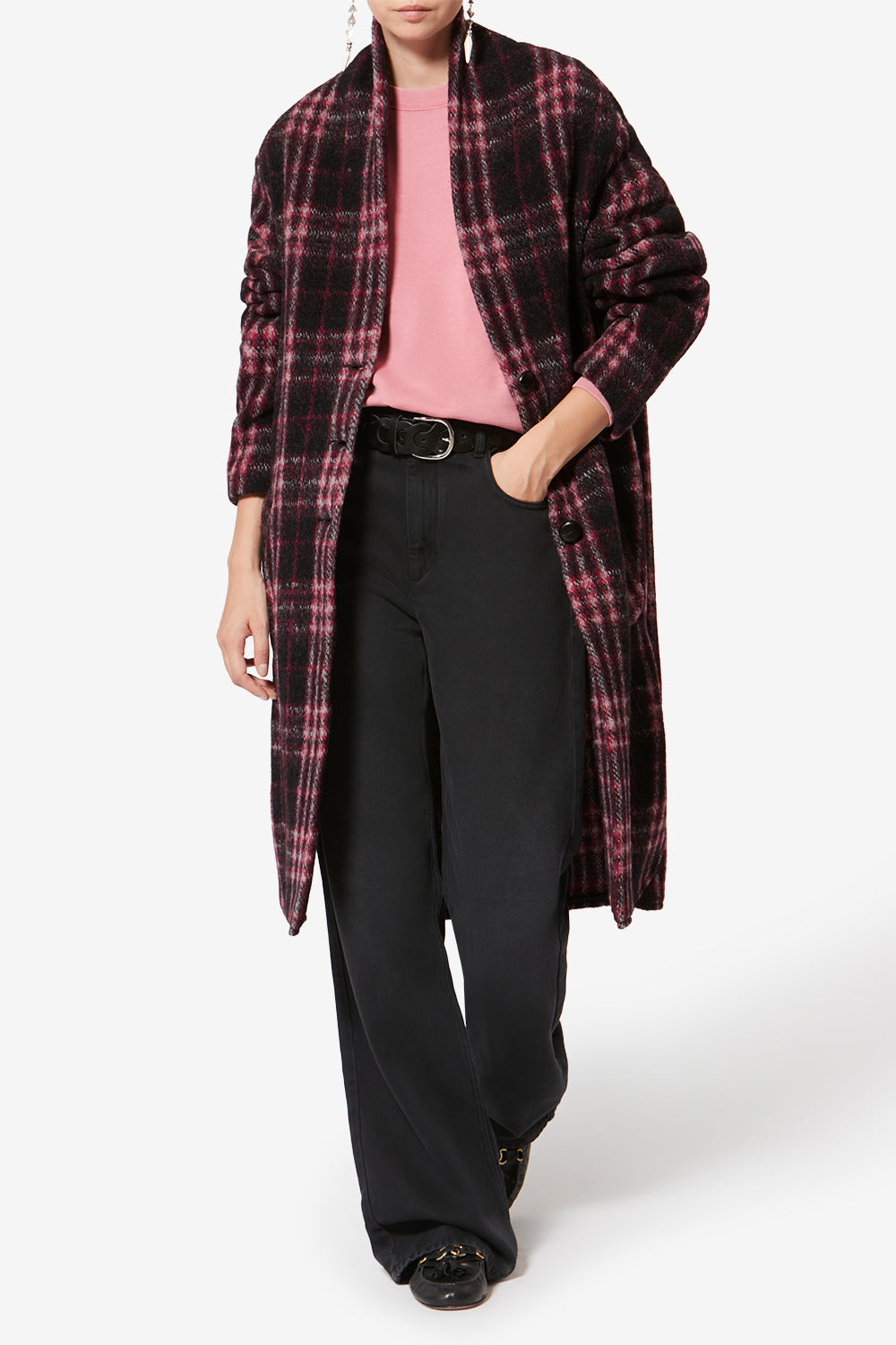 Gabriel long checkered wool coat - Black-fuchsia - Woman