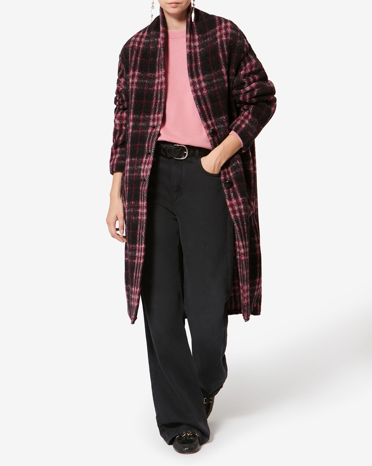 Gabriel long checkered wool coat - Black-fuchsia - Woman - 1