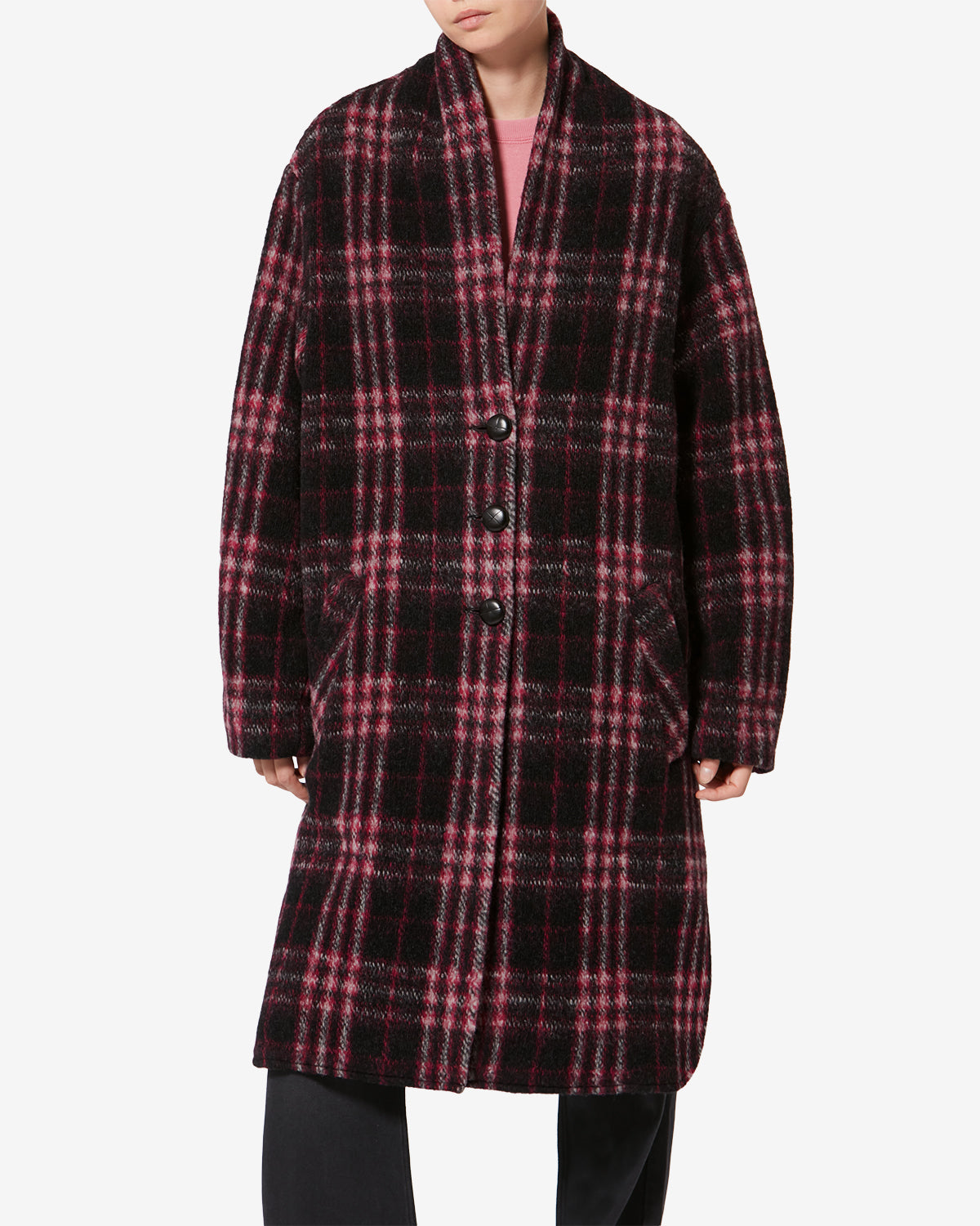 Gabriel long checkered wool coat - Black-fuchsia - Woman - 3