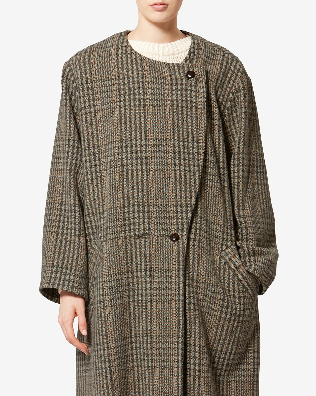 Renée long prince-of-wales check virgin wool coat - Beige - Woman - 3