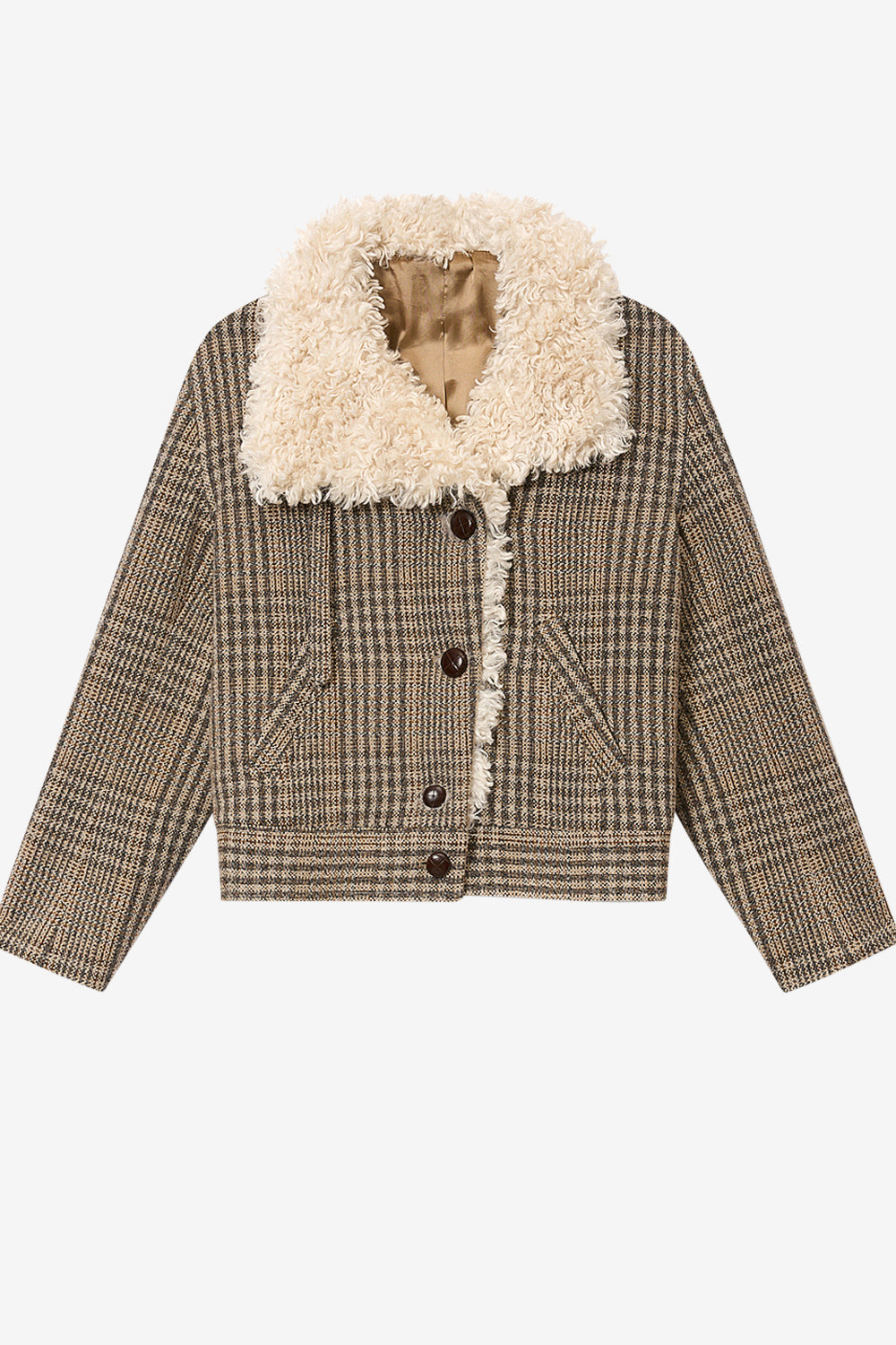 Fadia short prince-of-wales check virgin wool coat - Beige - Woman - 1