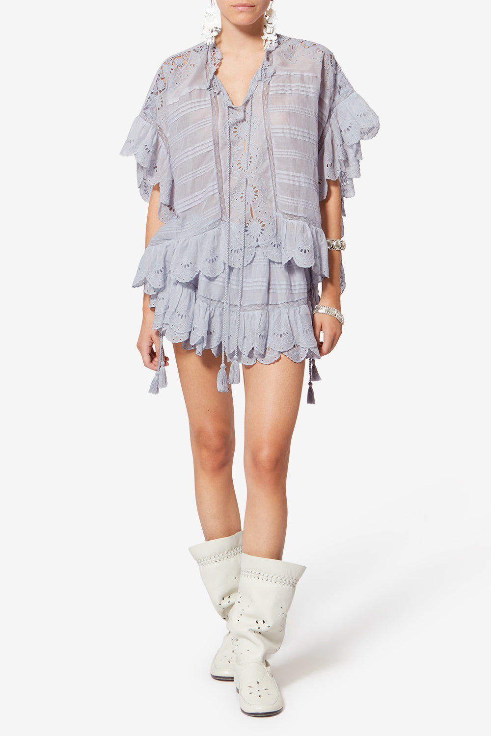 Gonna corta con volant puria in cotone e pizzo a fiori - Azzurro - Woman - 2