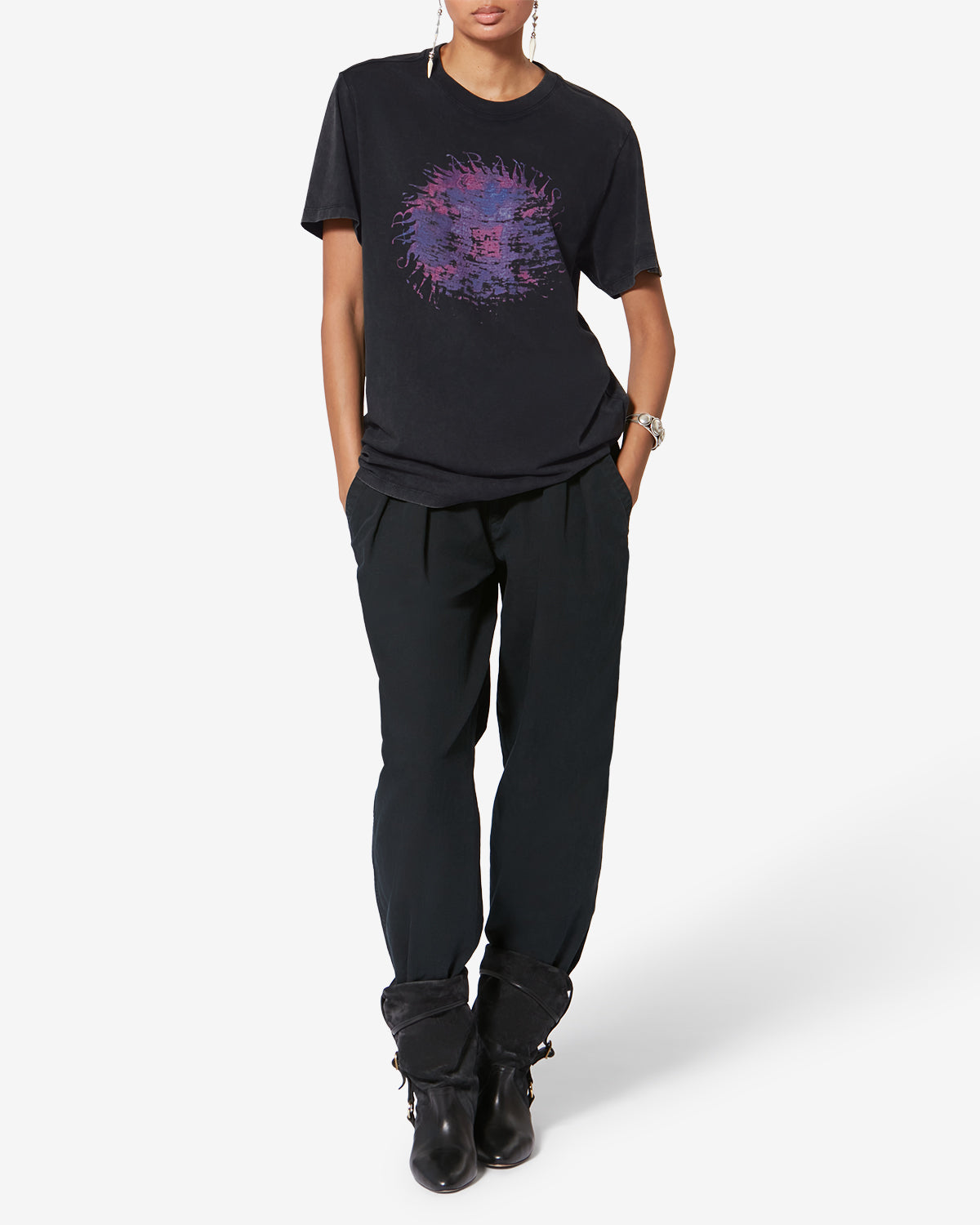 Camiseta zoeline de algodón estampada - Negro lavado - Woman - 1