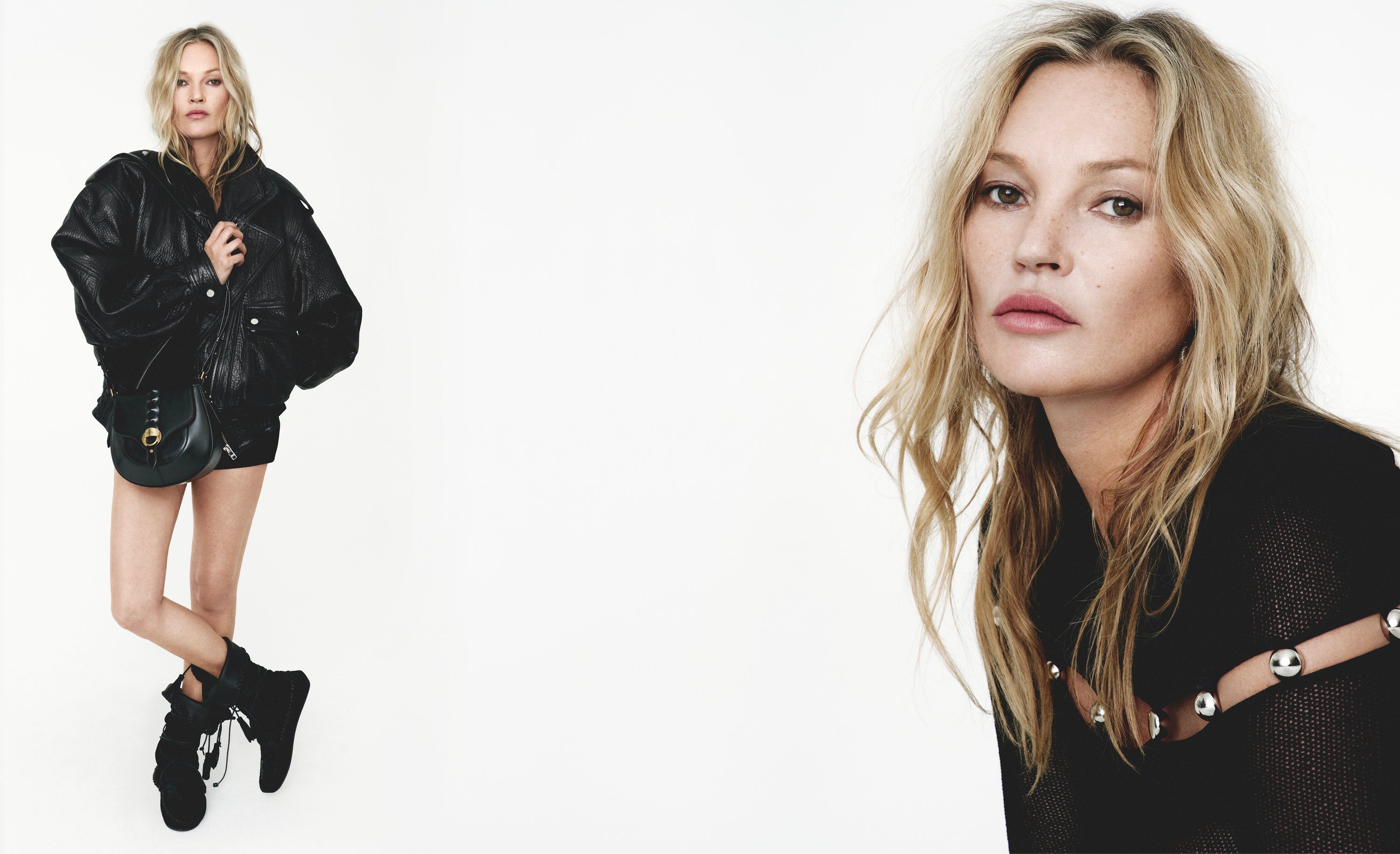 2 Kate Moss visuals wearing black coat and altay bag winki boots 