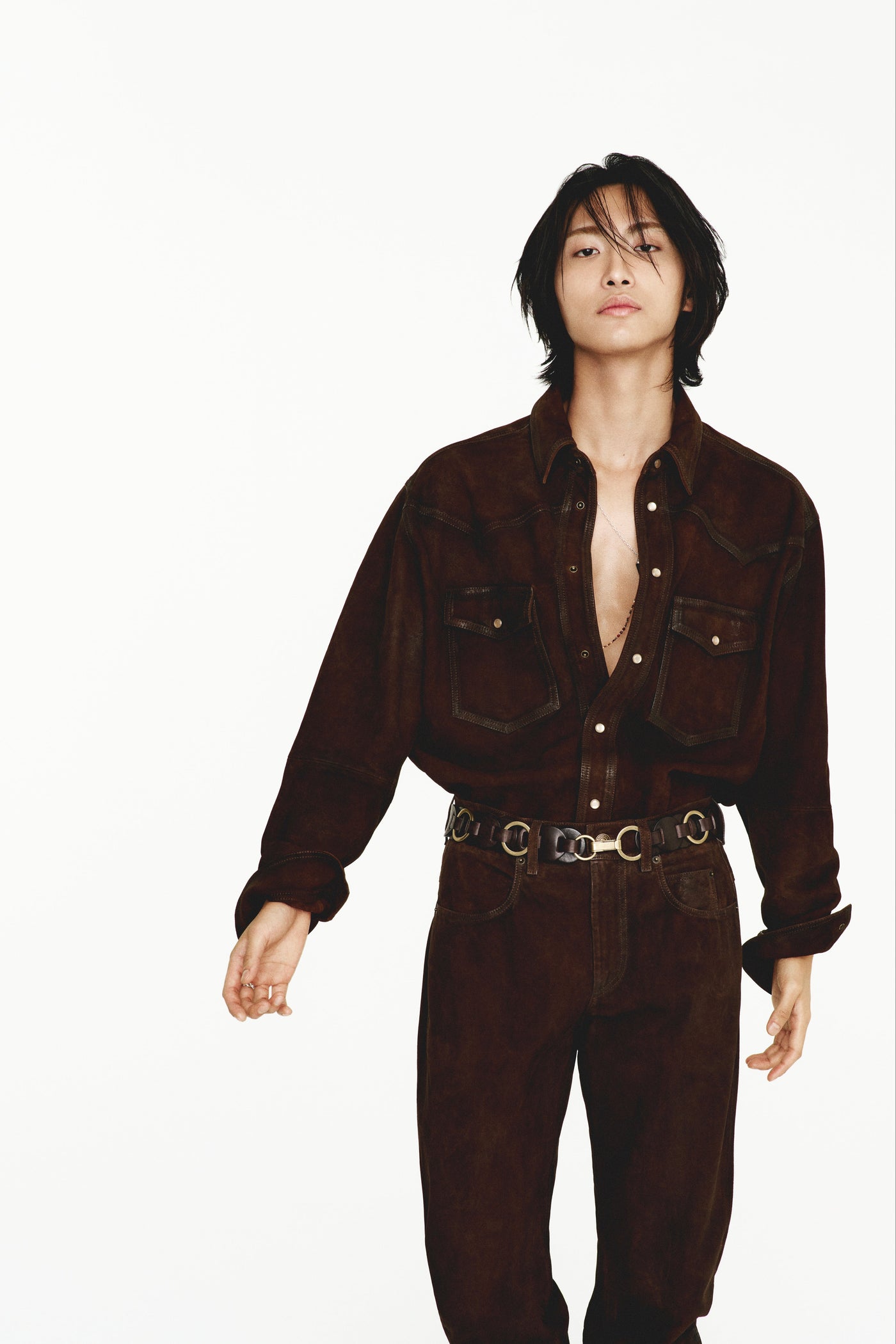 Seonghwa wears DANISIA brown shirt with ss25 belt and pants